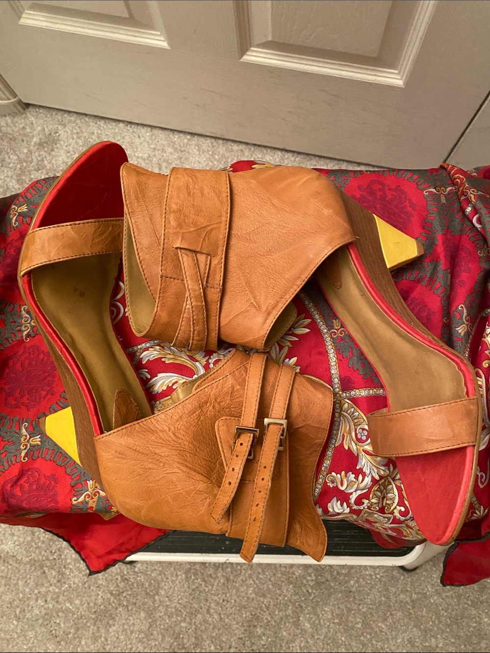 Women’s Tan Ankle-Strap Heels with Red Insole